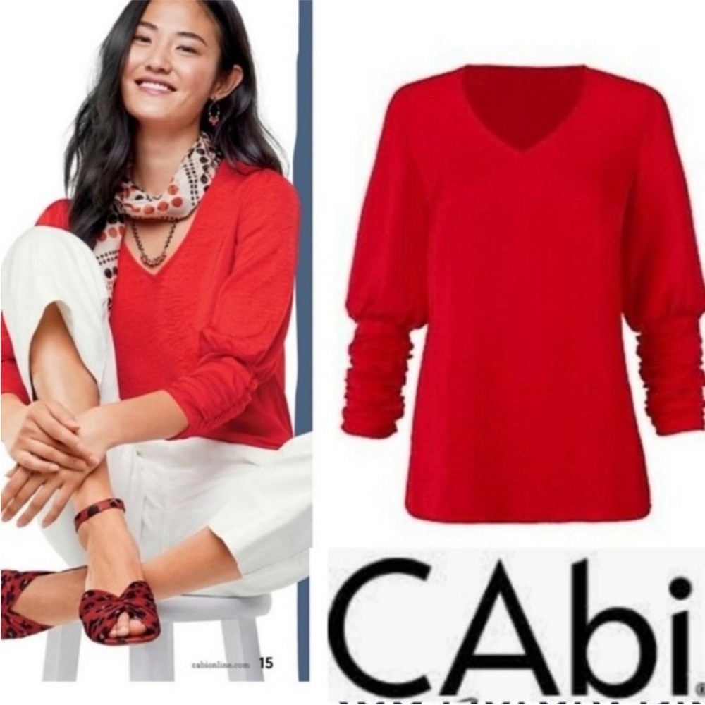 $92 CAbi 5709 Aurora Ruched Sleeve Top Red Size Medium